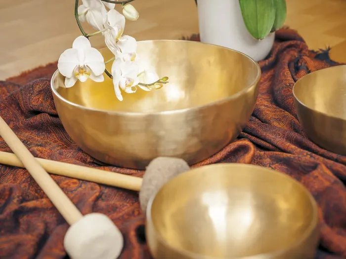 Framed Print : An image of some singing bowls and a white orchid
