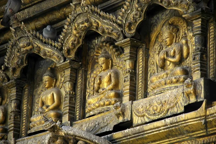 Framed Print : Three images of Buddha in gold Golden Temple Patan Kathmandu Nepal