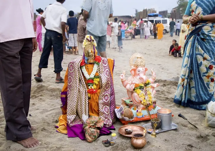 Framed Print : Immersion ceremony lord ganesh elephant headed god Gauri Mahim beach