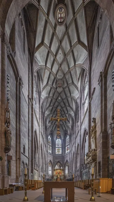 Framed Print : An impressive church interior with Gothic vaulting and cruciform altar