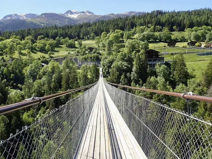 Framed Print : Impressive suspension bridge stretching in the green forest landscape of the Alps