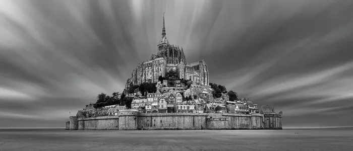 Framed Print : Impressive view of Mont Saint-Michel in black and white, surrounded by dramatic clouds, Le Mont-Saint-Michel Framed Print : Impressive view of Mont Saint-Michel in black and white, surrounded by dramatic clouds, Le Mont-Saint-Michel