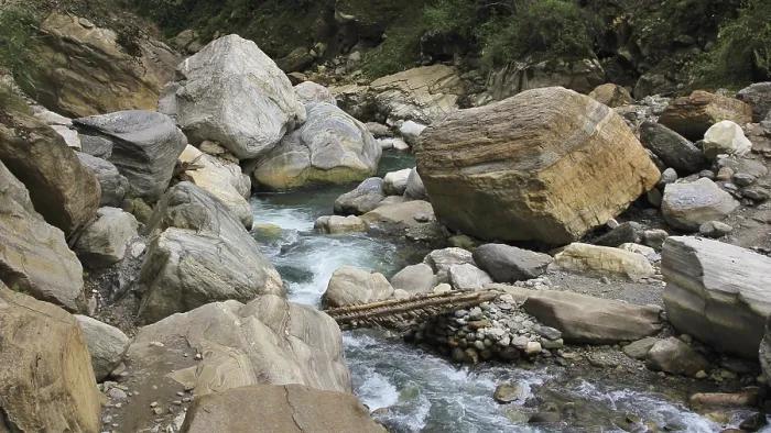 Framed Print : Improvised timber bridge on the Kimrong Khola