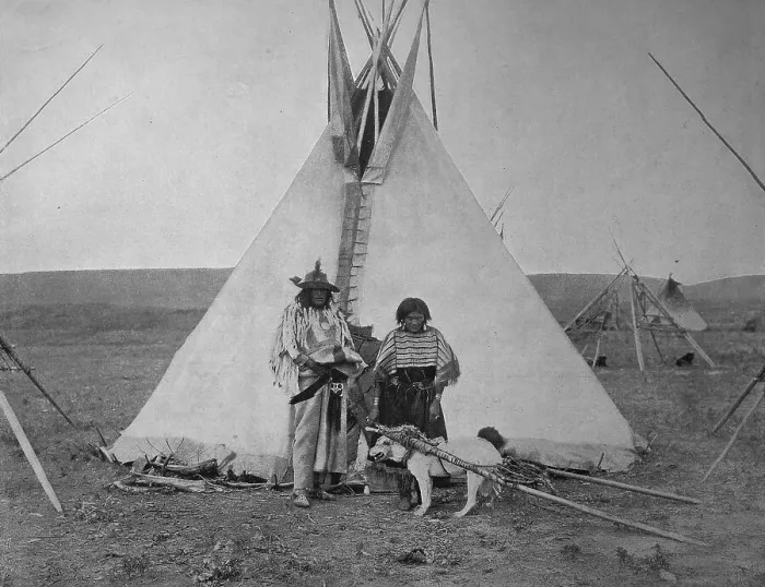 Framed Print : Indian Chief with his wife in front of their tent