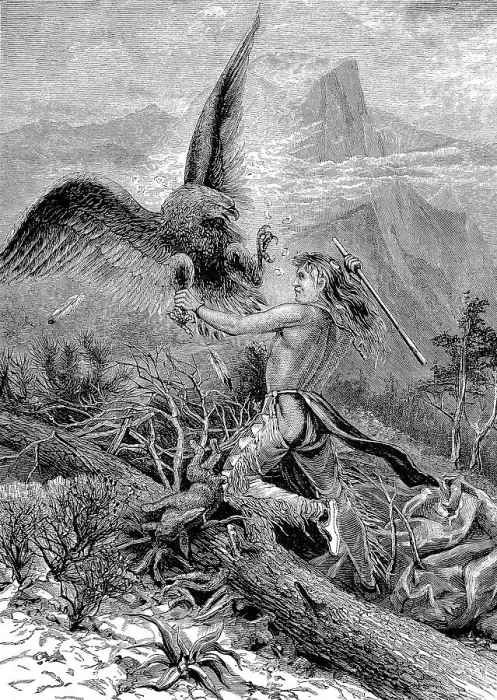Framed Print : Indian fights with an eagle and strikes the bird with a stick Framed Print : Indian fights with an eagle and strikes the bird with a stick