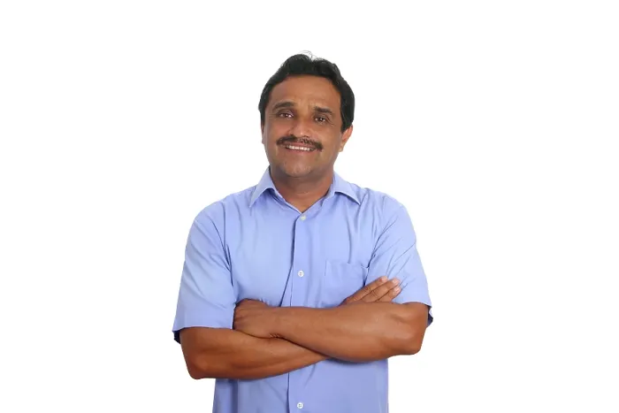 Framed Print : Indian latin businessman with blue shirt isolated on white background