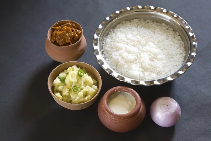 Framed Print : Indian lunch pakhala rice in steel bowl