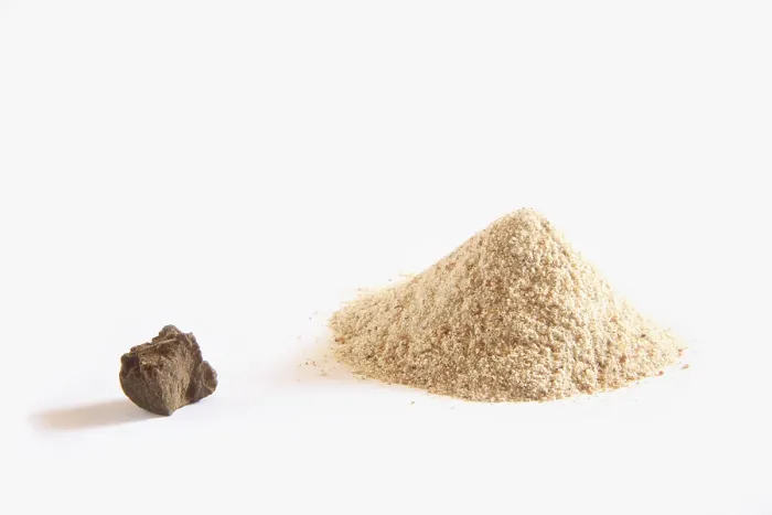 Framed Print : Indian spice, Asafoetida powder and hard Lump Hing Ferula asafoetida on white background