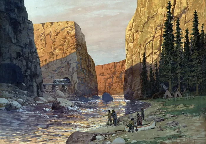 Framed Print : Indians with a canoe by the river Framed Print : Indians with a canoe by the river