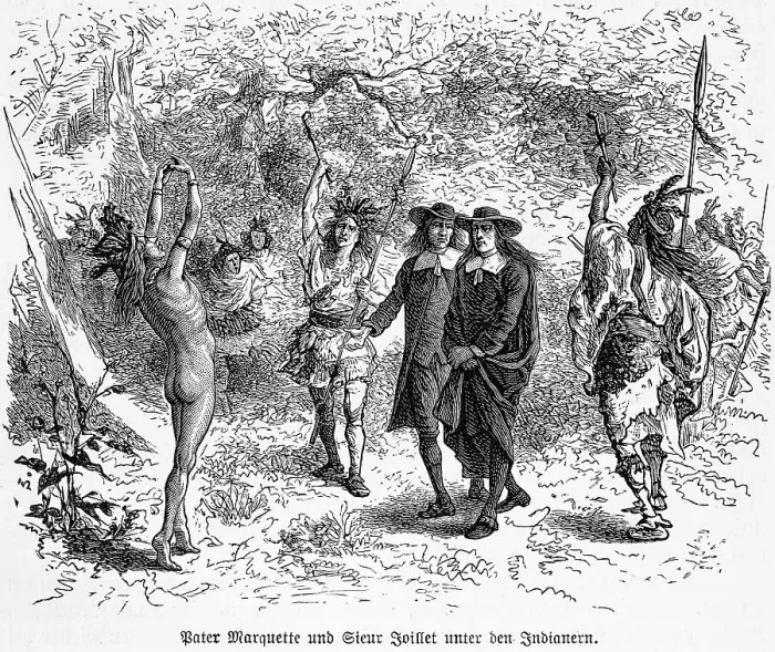 Framed Print : Indians, headdress, spears, Europeans