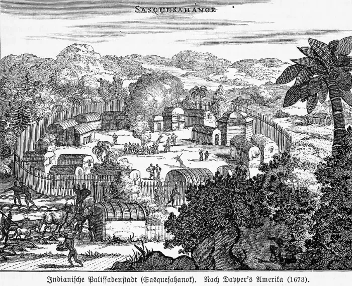 Framed Print : Indians, palisaded town of Sasquesahanok