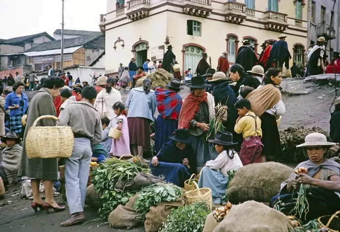 Framed Print : Indigenous market traders on the street, Ambato market, Ecuador, South America, 1962, South America