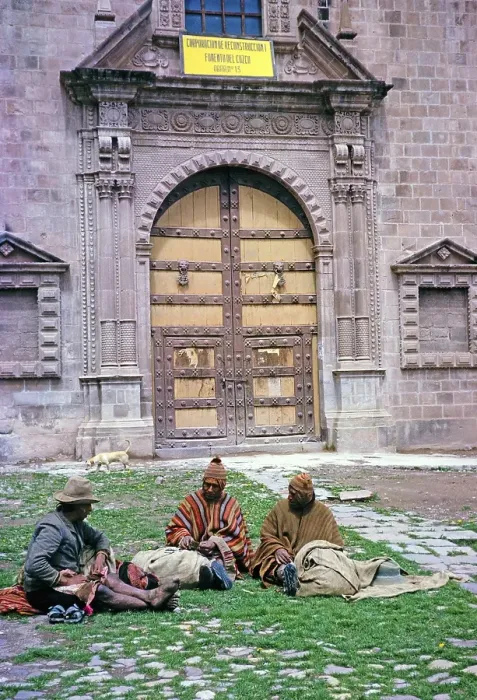 Framed Print : Three indigenous men sitting in front of a historic Spanish colonial building, Cuzco, Peru, South America 1962, South America