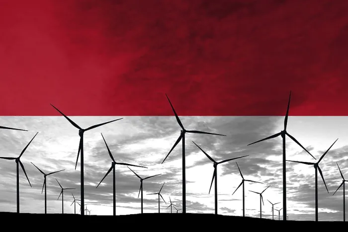 Framed Print : Indonesia flag wind farm at sunset