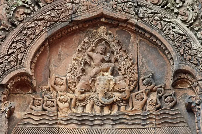 Framed Print : Indra, god of the sky, riding a chariot drawn by a three-headed elephant