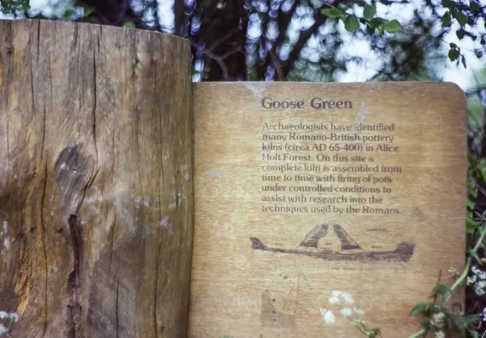 Framed Print : Information board in Goose Green about Roman British pottery kilns, Alice Holt Forest, Farnham, Surrey, England, UK 1983