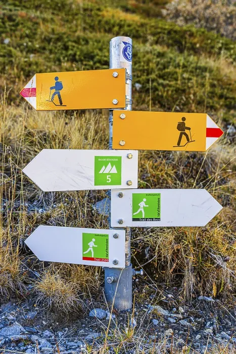 Framed Print : Information boards on trails for hikers and mountaineers near the Lac de Moiry reservoir