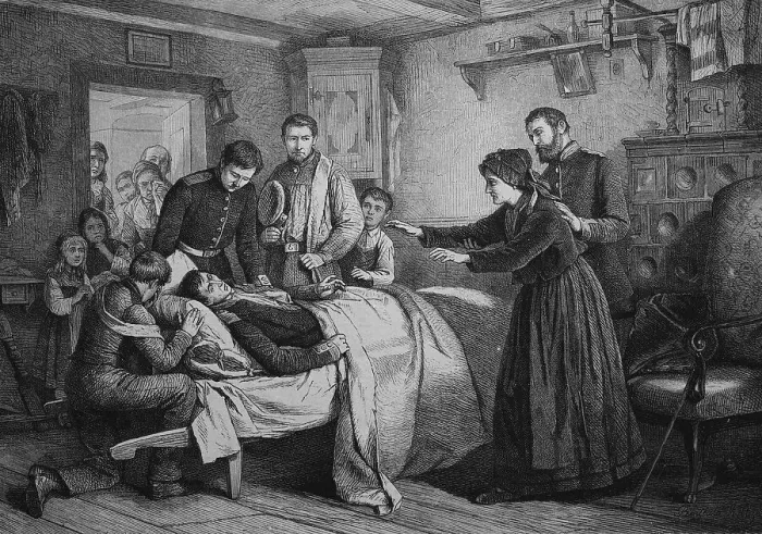 Framed Print : Injured recruit is back at his blind mother's house