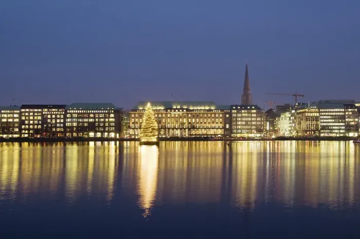 Framed Print : Inner Alster River with illuminated Christmas tree