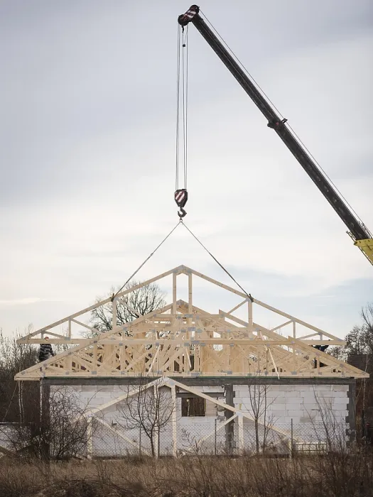 Framed Print : Installation of the wooden roof structure of a single-family house in Tymowa