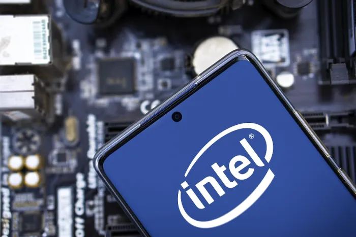 Framed Print : Intel logo is displayed on smartphone