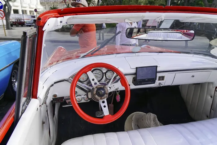 Framed Print : The interior of a classic car with detailed dashboard and red steering wheel Framed Print : The interior of a classic car with detailed dashboard and red steering wheel