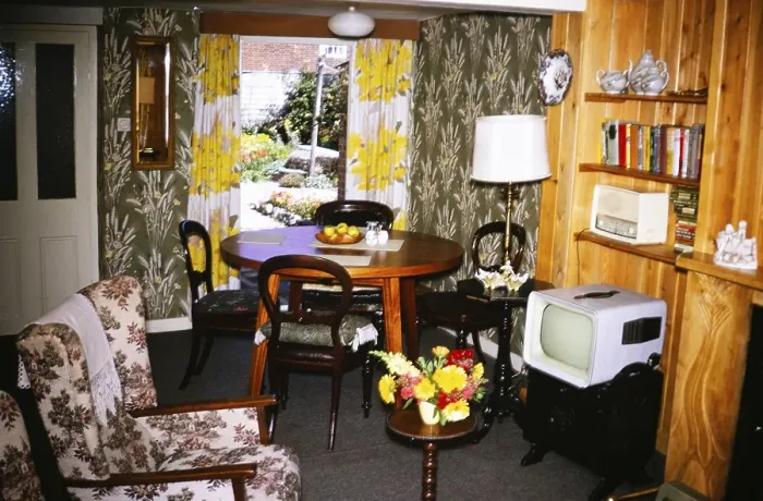 Framed Print : Interior decoration and furniture for holiday homes, including portable televisions and radios, England 1966