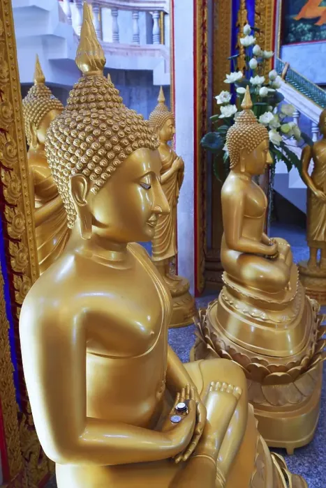 Framed Print : Interior with golden Buddha statues