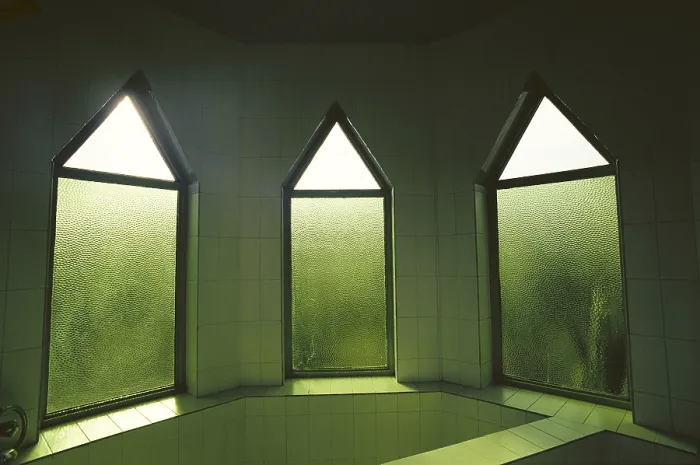 Framed Print : Interior with green color glass