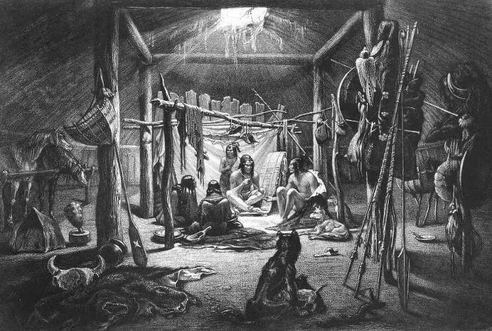 Framed Print : The interior of the hut of a Mandan chief