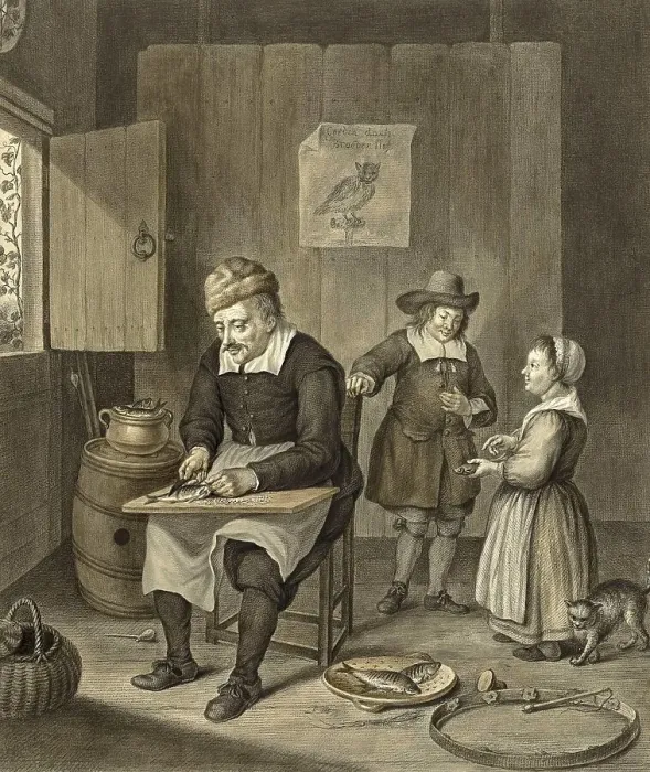 Framed Print : Interior with a man cleaning fish and two children are with in the room