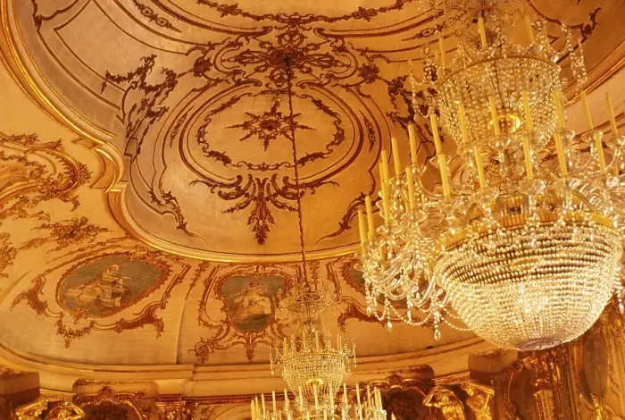 Framed Print : Interior of the National Palace of Queluz, Sintra, near Lisbon, Portugal decorated ceiling and chandelier
