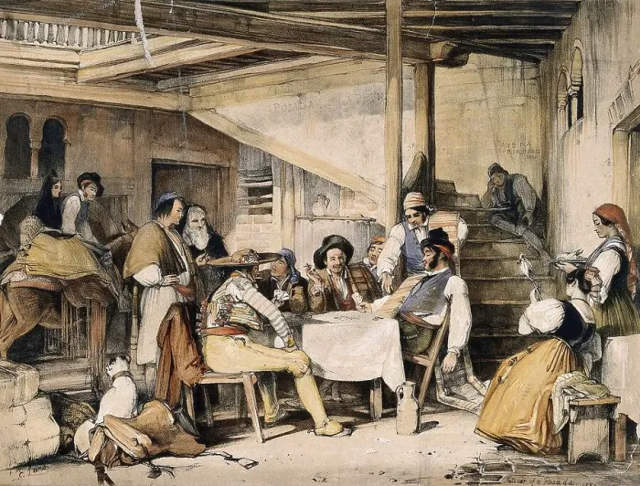Framed Print : The interior of a posada with men smoking and playing cards while others and a mule rest nearby