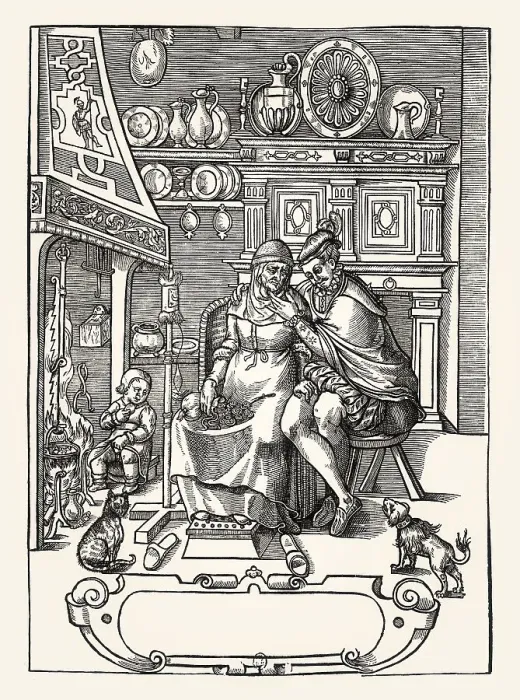 Framed Print : Interior of a room with a young man courting for a rich old widow Framed Print : Interior of a room with a young man courting for a rich old widow