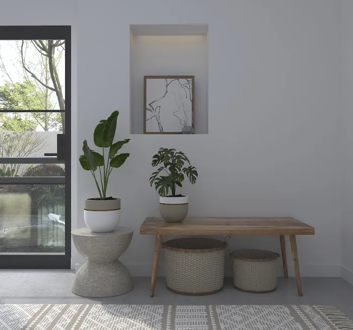 Framed Print : Interior space with plants, wooden bench Framed Print : Interior space with plants, wooden bench
