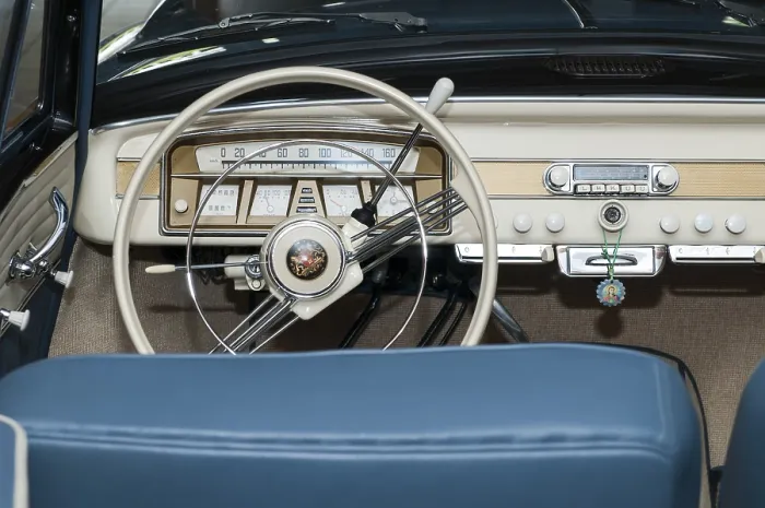 Framed Print : Interior view from behind the driver's seat on the dashboard of a Borgward Isabella TS Deluxe