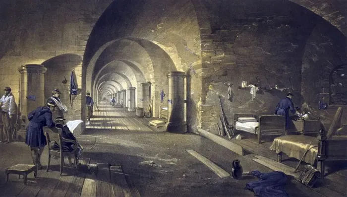 Framed Print : Interior view of Fort Nicholas with living quarters and arched passageway