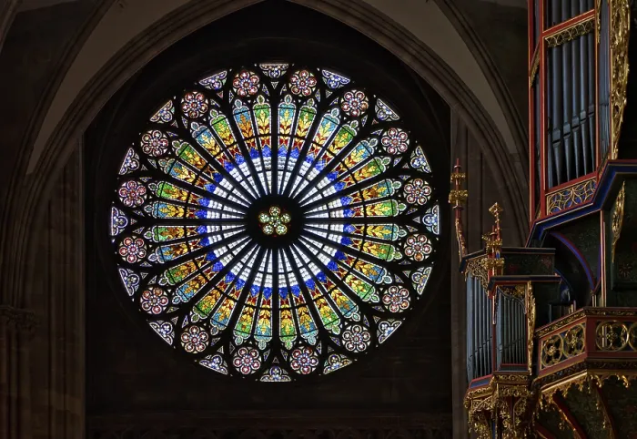 Framed Print : Interior view, large rose window on the west facade and nave organ by Andreas Silbermann