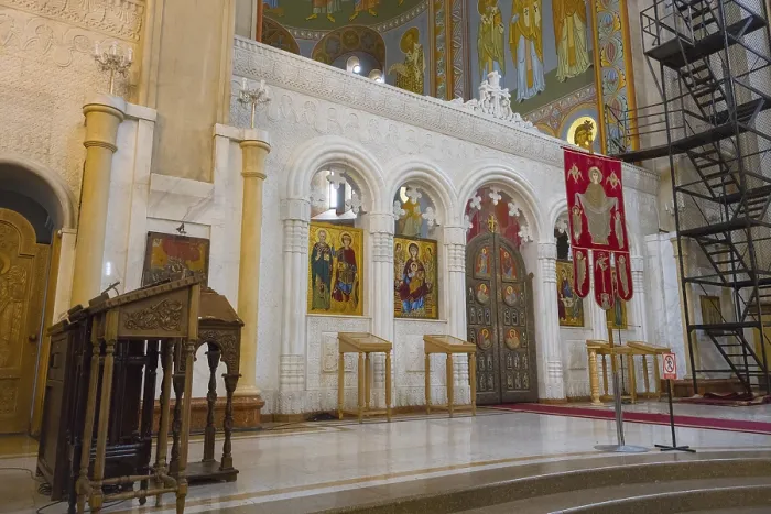 Framed Print : Interior view of an Orthodox church with icons and sacred objects in front of an altar