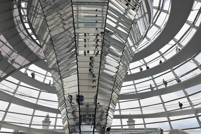 Framed Print : Interior view of the spiral walkway of the glass dome of the Reichstag building in Berlin