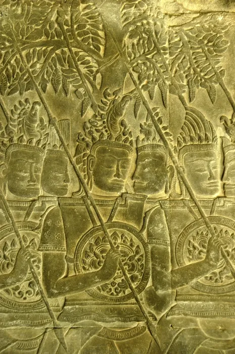 Framed Print : Intricate stone relief, warriors with spears and shields in front of trees