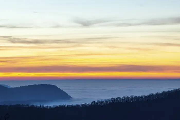 Framed Print : Inversion weather, fog, sunset