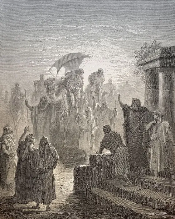 Framed Print : Isaac meets Rebekah, woodcut by Gustave Dore