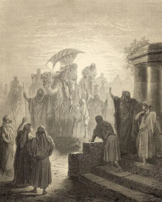 Framed Print : Isaac meets Rebekah, woodcut by Gustave Dore