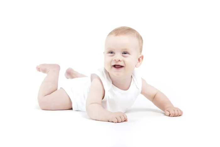 Framed Print : Isolated on white, cute happy caucasian baby boy in white shirt
