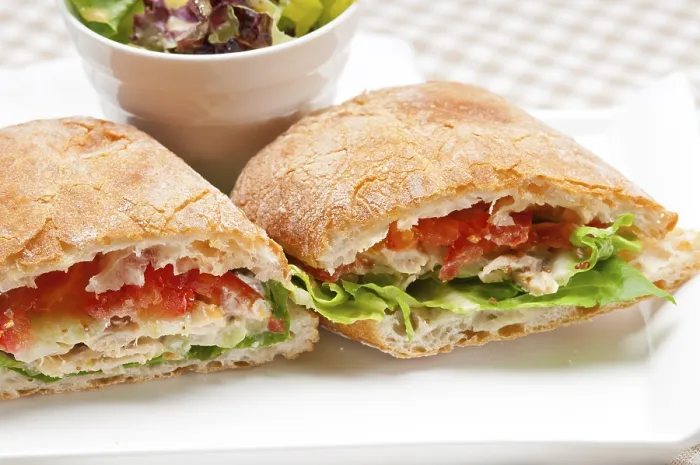 Framed Print : Italian ciabatta panini sandwich with chicken and tomato Framed Print : Italian ciabatta panini sandwich with chicken and tomato