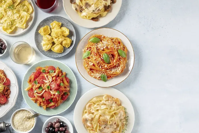 Framed Print : Italian pasta, various dishes, overhead flat lay shot with copy space Framed Print : Italian pasta, various dishes, overhead flat lay shot with copy space
