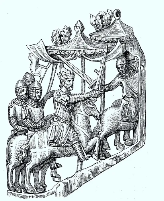 Framed Print : Ivory carving showing King Adolf in a melee at the end of the 13th century