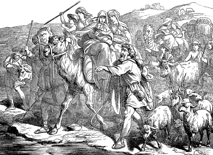 Framed Print : Jacob flees with his woman and child from Laban the babbler