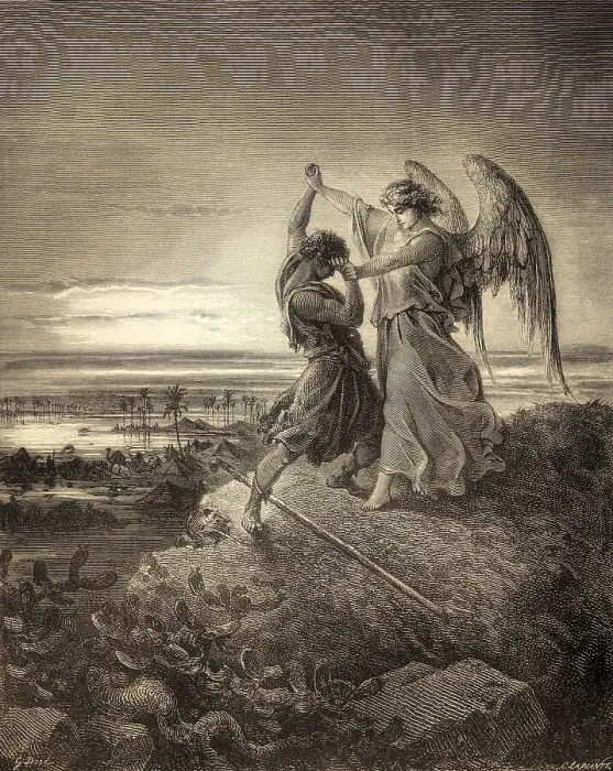 Framed Print : Jacob Wrestles with the Angel, woodcut by Gustave Dore